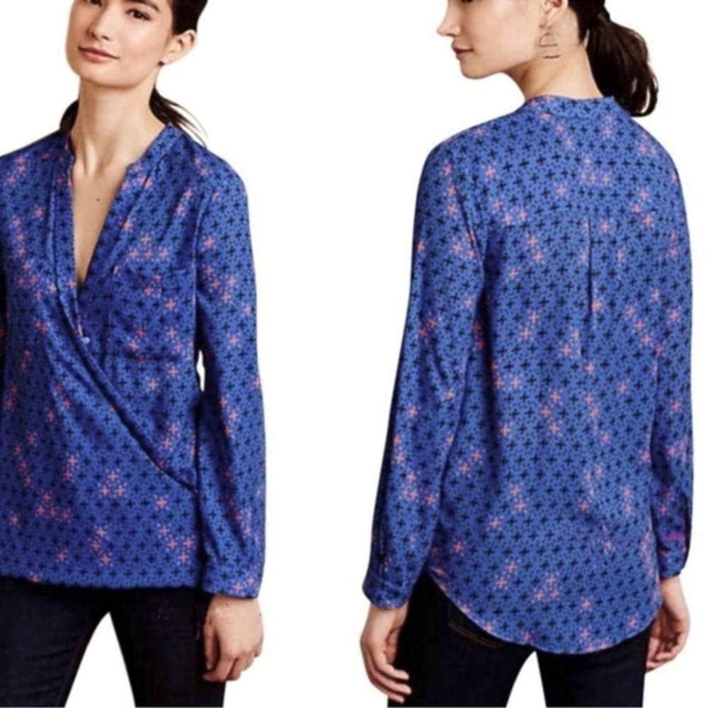 Anthro Maeve Eva Blue Pink Cross Graphic Wrap Blouse